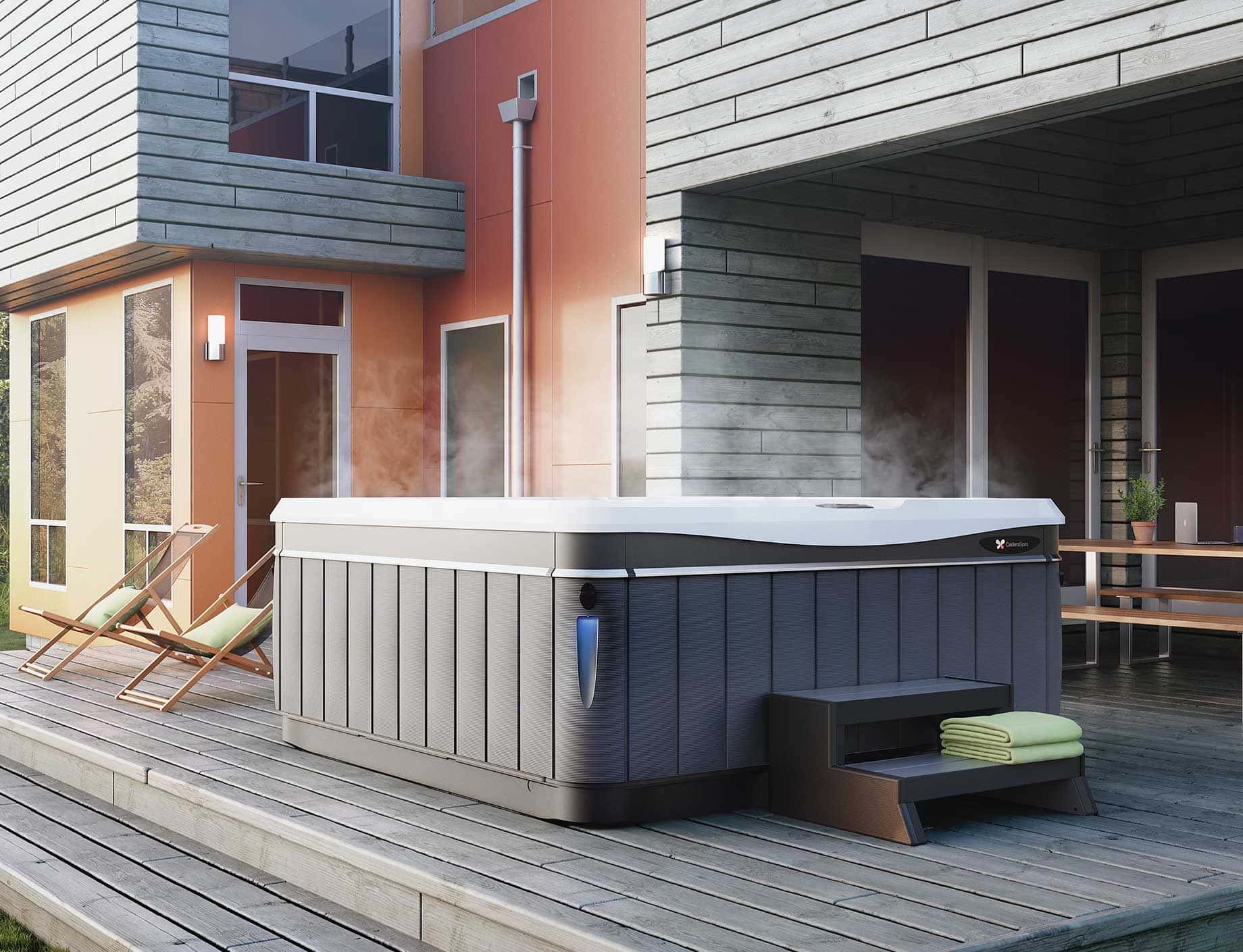 Spabad Caldera, på altan nära ett hus, Pool Store